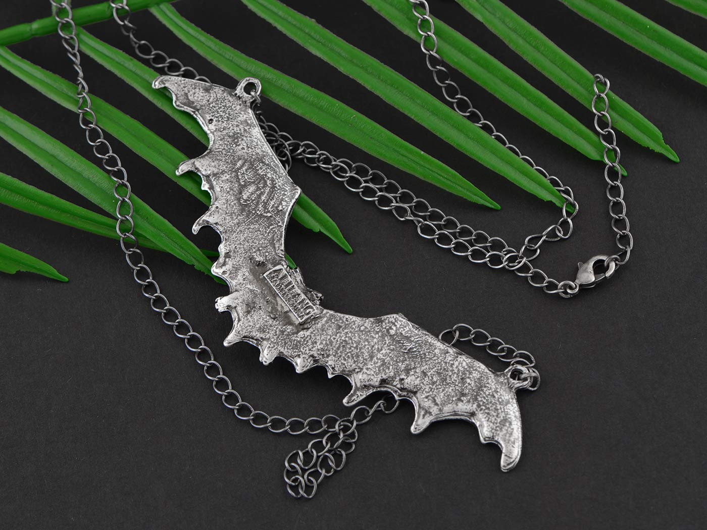 Alilang Frightening Halloween Enamel Paint Flying Bat Metal Chain Pendant Necklace, Antique Silver