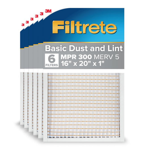 Filtrete 16x20x1 Air Filter MERV 5, 6-Pack AC Furnace HVAC, MPR 300 Basic Dust Defense, Pleated Electrostatic, Removes Lint