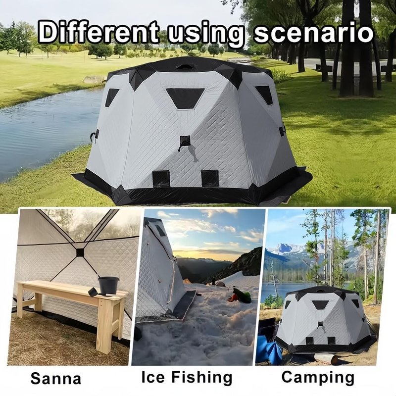 Quick-Opening ice Fishing Tent, 420D Hexagonal Insulated Tent, Accommodates 6-8 People; Portable ICES Grey ice Fishing hut with Stove and Chimney Floor, Ideal for ice Fishing and Winter Camping