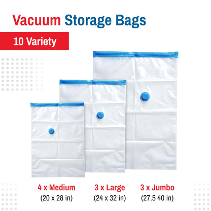 10 Pack Variety Vacuum Storage Bags for Comforters, Blankets & Clothes – Vacuum Sealed Compression Bags with Electric Pump – Space Saver Storage Bags for Bedding, Travel & Organization (4M, 3L, 3XL)
