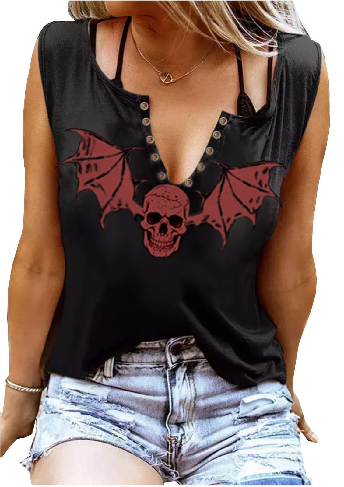 Fensajomon Women's Halloween Gothic Red Bat Skull Graphic Sleeveless Tank Top Shirts