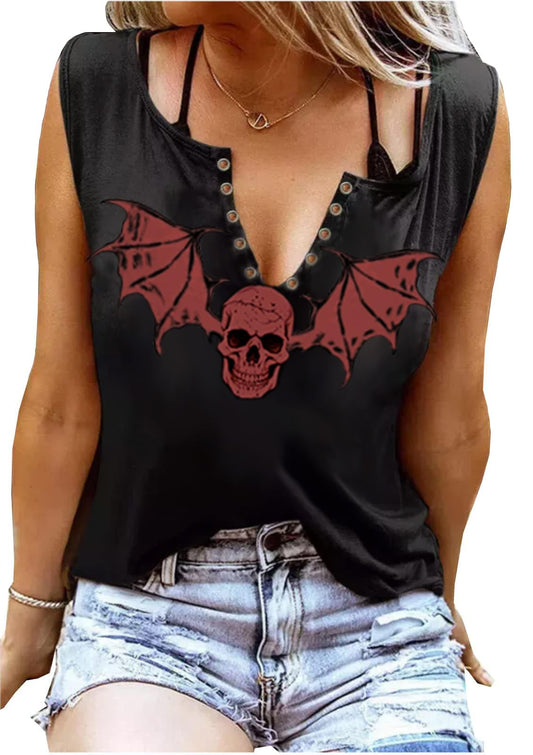 Fensajomon Women's Halloween Gothic Red Bat Skull Graphic Sleeveless Tank Top Shirts
