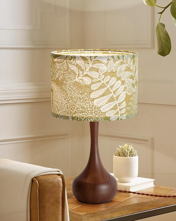 17" Modern Table Lamp Desk Lamp for Living Room Bedroom Home Office, Red Wood Pattern Farmhouse Nightstand Bedside Table Lamp with Green Fabric Shade
