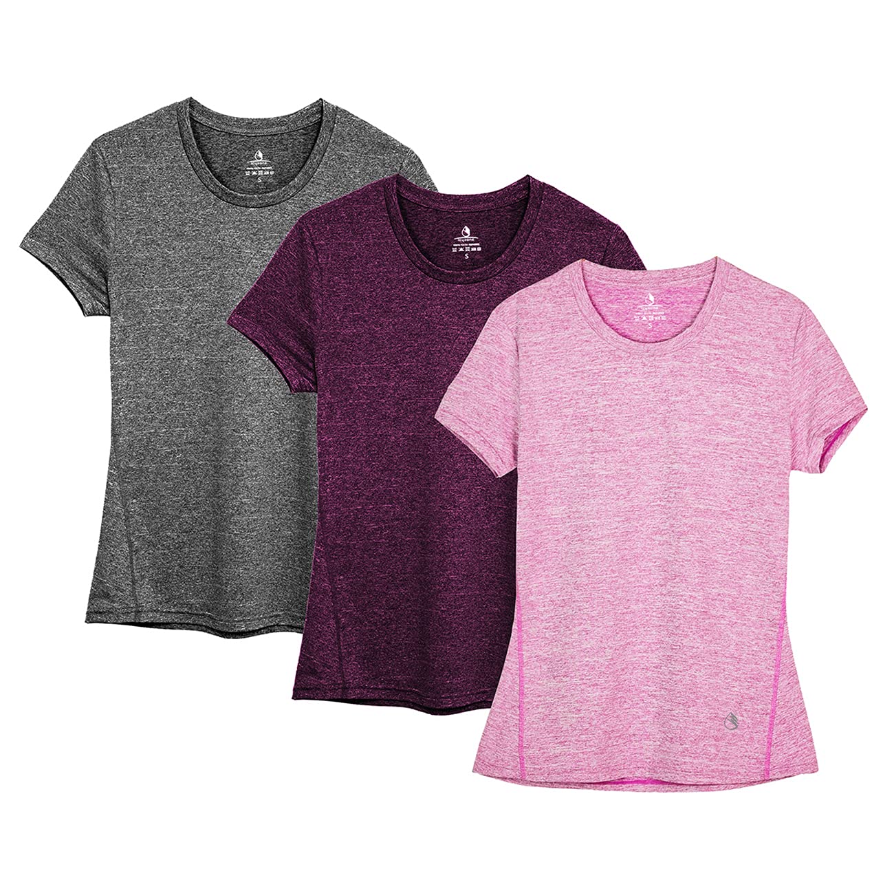 icyzone Women's Workout Running T-Shirt Activewear Yoga Gym Short Sleeve Tops Sports Shirts, 3-Pack (XL, Charcoal/Red Bud/Pink)
