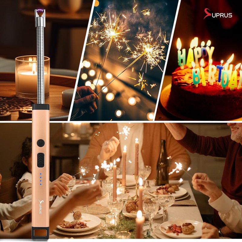 SUPRUS Rechargeable Candle Lighter Electric Arc Triple Safety Long Lighter Stainless Steel Shell & Hanging Hook (Peach Fuzz)