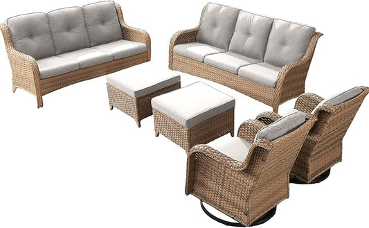Rilyson Patio Furniture Swivel Chairs Set - 6 PC Wicker Rattan Outdoor Sectional Conversation Sets with 2 Rocking Chair,2 Ottoman and 2 Sofa for Porch Deck Garden(Yellow/Beige)