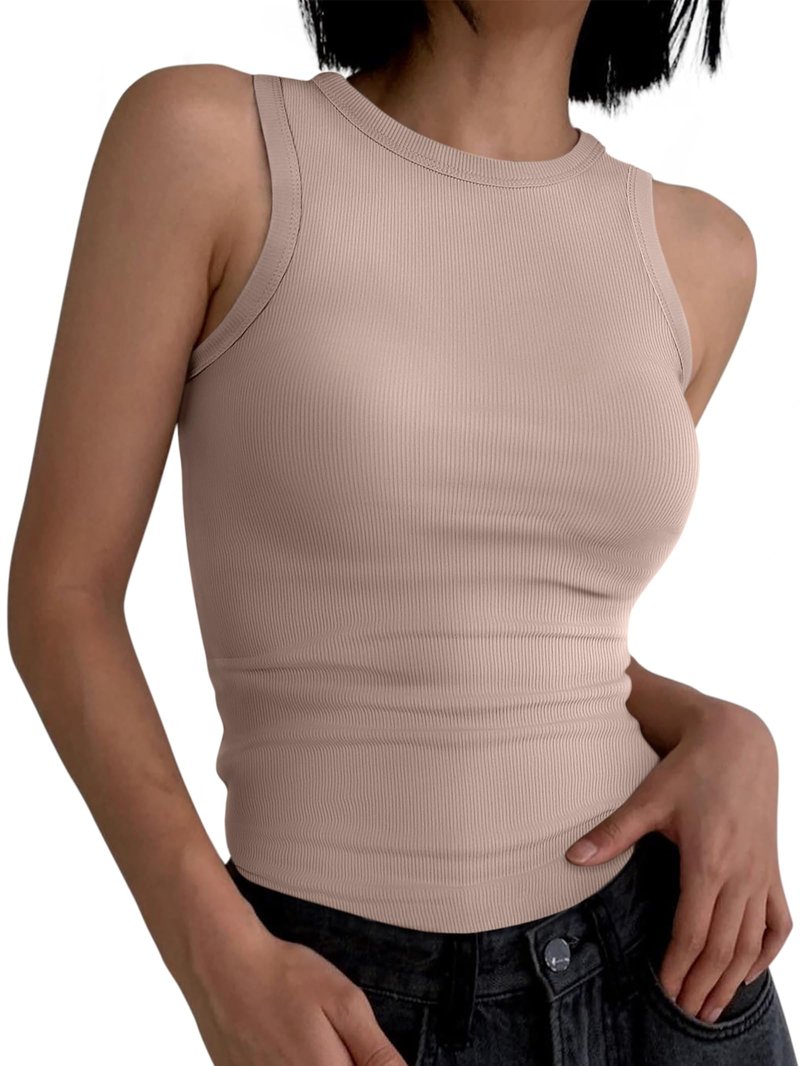 ANRABESS Womens Sleeveless High Neck Tank Tops Fashion Summer Casual Basic Slim Fit Ribbed Racerback Top Shirt Clothes Khaki Large