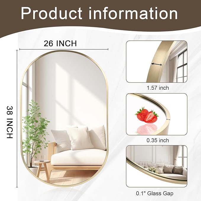 22x30 inch Oval Bathroom Mirror, Gold Vanity Wall Mirror with Brushed Metal Frame, Wall Mirrors for Bathroom, Entryway, Over Sink, Living Room