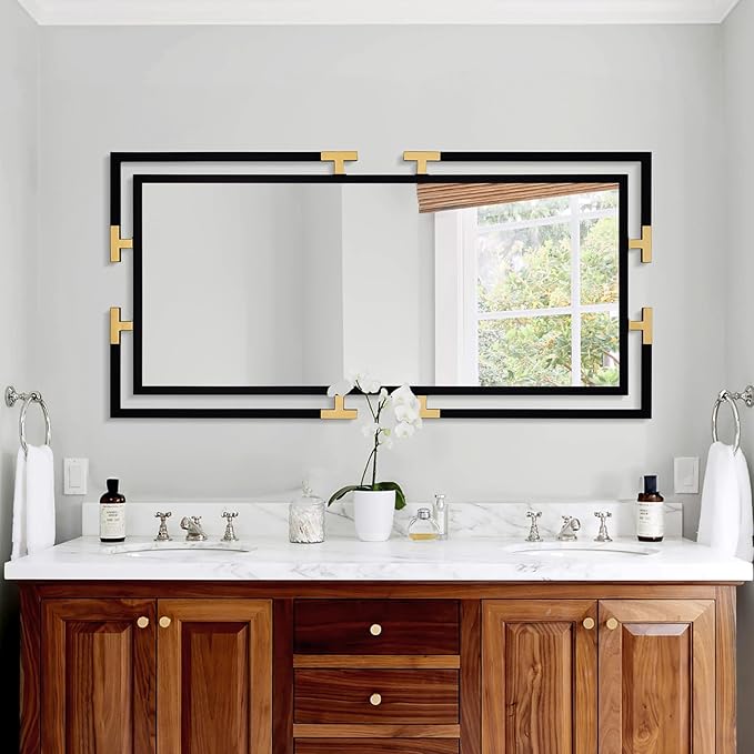 Large Mirror Wall Decor, 46.5"x23" Mirror with Black and Gold Metal Frame for Bedroom, Living Room, Bathroom, Horizontal/Vertical