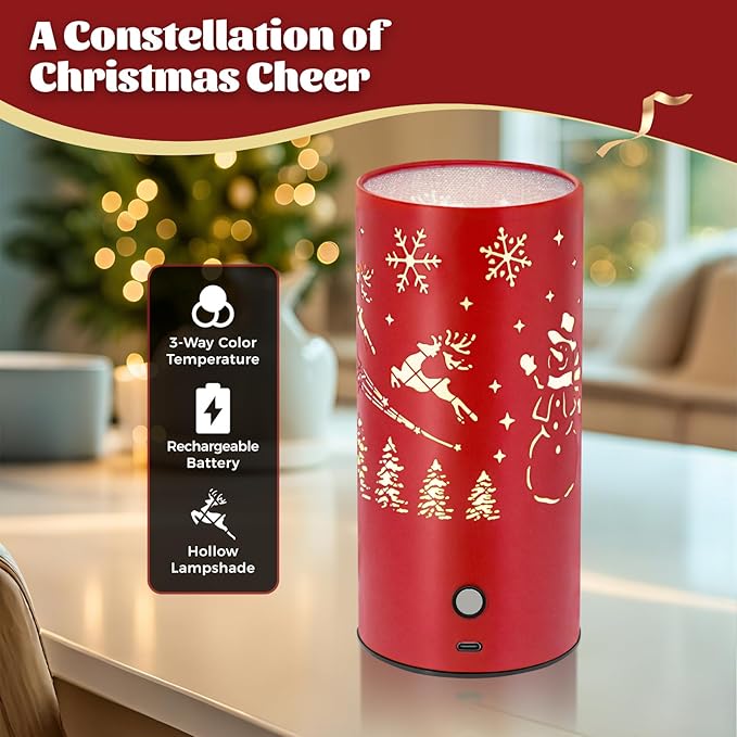 Christmas Table Lamp with Hollow-Out Design - Rechargeable Touch Control Dual Color LED, Warm/Cool White Metal Decor for Home Desk Party, 1200mAh Battery(Red)