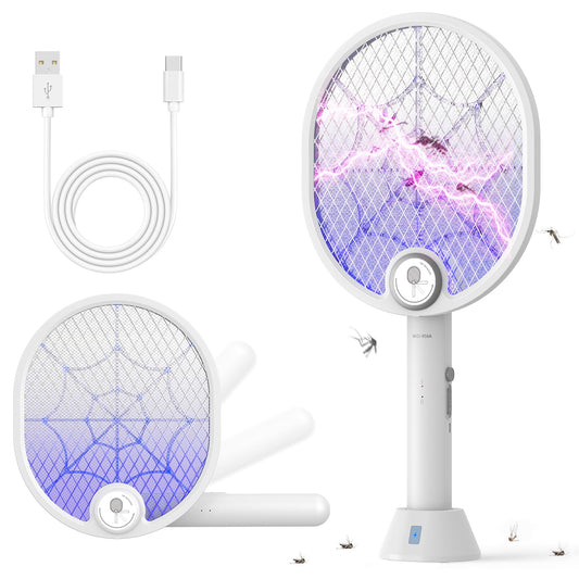 Buzbug Electric Fly Swatter, Type-C Rechargeable Bug Zapper Racket with Charging Base, Foldable Bug Zapper for Indoor and Outdoor, Mosquito Swatter with Blue-Purple Working Light
