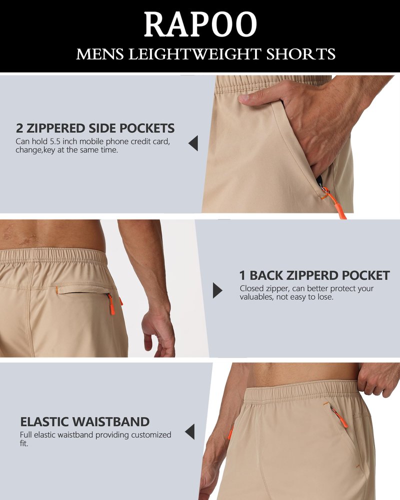 Rapoo Athletic Shorts for Men Gym Workout Shorts 7 Inch Inseam with Zipper Pockets Summer Quick Dry Lightweight Breathable Elastic Waist Sports Running Shorts for Men Khaki XL
