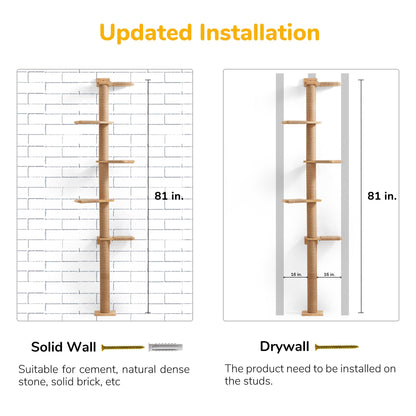 FUKUMARU Tall Cat Tree, 5 Tier Floor to Ceiling Cats Tower, Wall-Mounted Kitten Scratching Post, Wild Simulation Kittens Wall Shelves, Suitable for Climb, Scratch, Lookout and Play