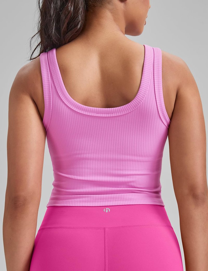 HeyNuts Ribbed Longline Sports Bras for Women, U Back Wireless Medium Impact Workout Athletic Basic Gym Yoga Crop Tank Tops Padded with Built in Bras Dahlia Mauve S
