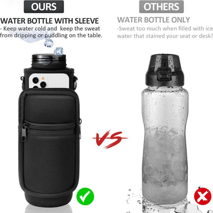 Fimibuke 32 oz Water Bottle with Sleeve - BPA Free Leakproof Sport Large 1L Plastic Motivational Water Bottle with Straw & Strap & Insulated Neoprene Holder Carrier Bag for Women Men(A1.Black)