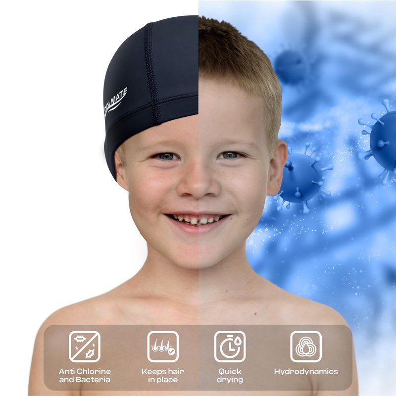 COOLMATE Fabric Swim Cap for Kid 3 4 6 8 14 16, Silicone Water Resistant Layer, Cloth Swim Cap Gifts for Swimmers, Lightweight for Pool, Lap Swimming (1 pc) (Legend Ink, S)