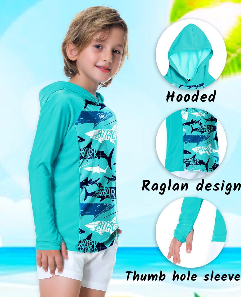 Kids Hooded Swim Top Boys Shark Print Sun Shirt Rash Guard Uv Protection Athletic SPF Shirts Aqua 7-8 Years