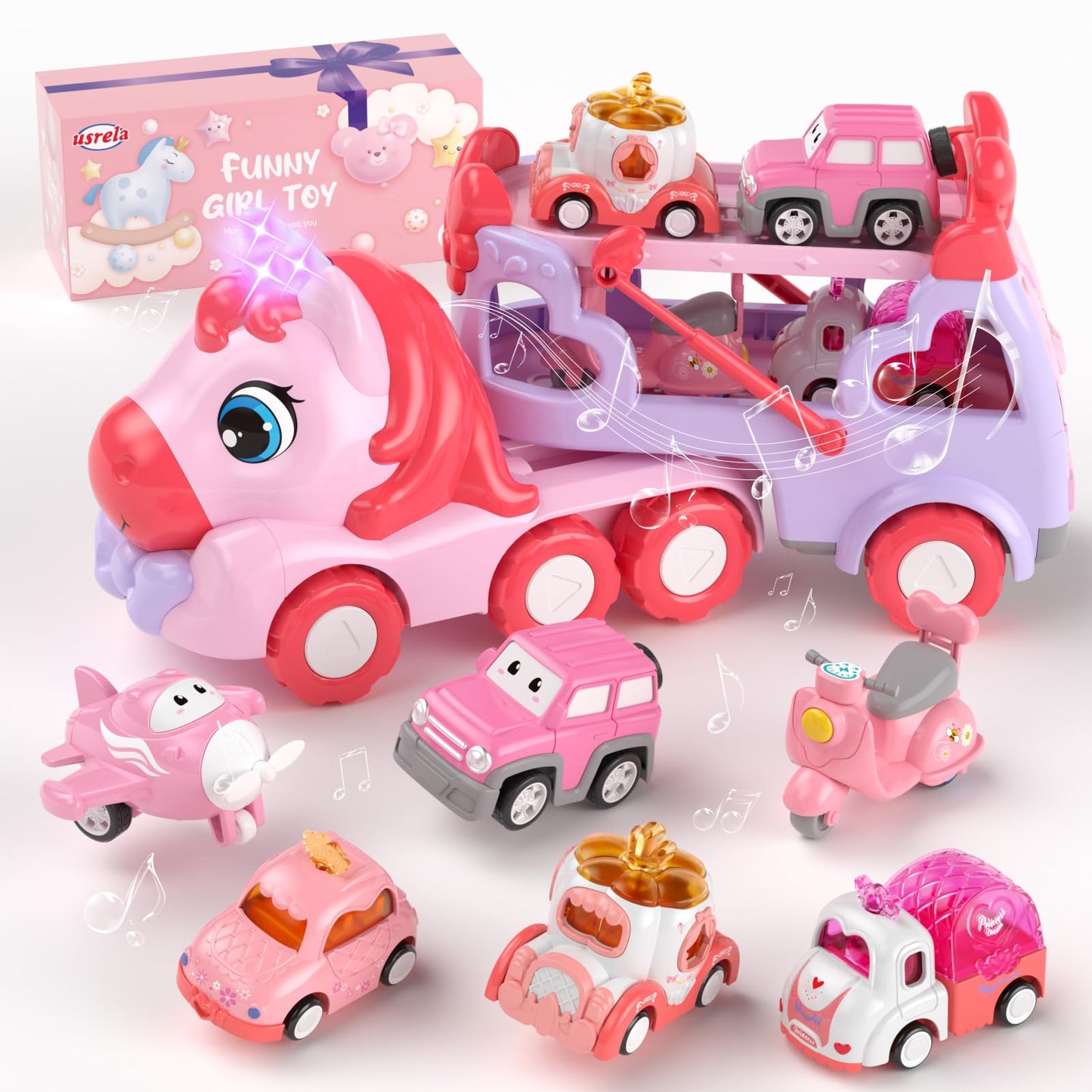 usrela Toys for 1 2 3 Year Old Girl Truck, 7-in-1 Girl Carrier Truck Car with Light & Sound, Toddler Girl Car Toys Age 1-3 2-4, Unicorn Toy Cars for 1 2 3 Year Old Girls Birthday