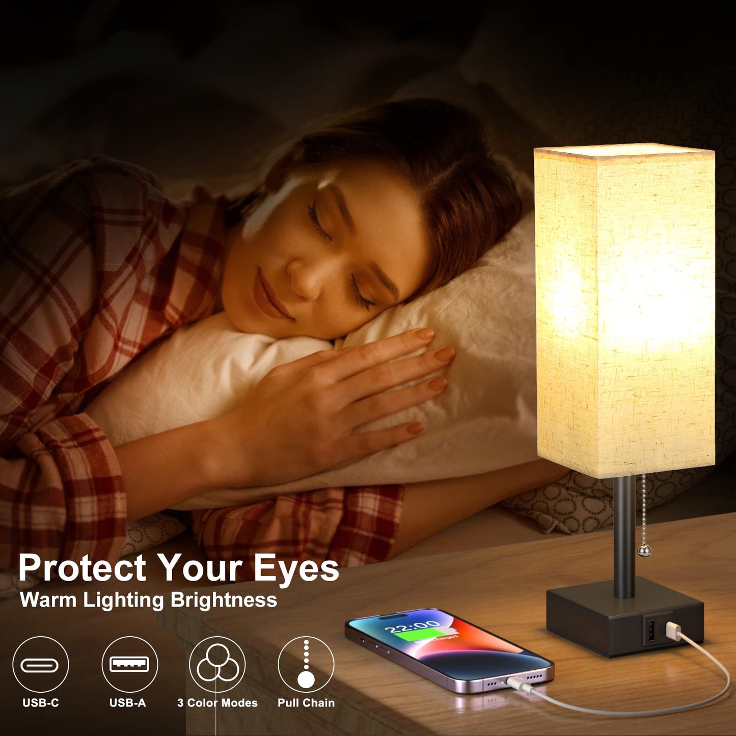 Aooshine Bedside Lamps, Table Lamp with USB C+A Charging Ports, Small Lamp with 3-Color Modes with Pull Chain, Bedroom Lamps with Beige White Fabric Shade(LED Bulb Included)