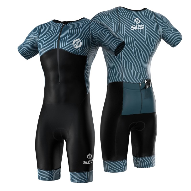 SLS3 Triathlon Suits Mens - Aerodynamic Sleeved Tri Suit Men – Lightweight Trisuit with Premium FX Fabrics - 2 Pockets (Carbon Teal, Small)
