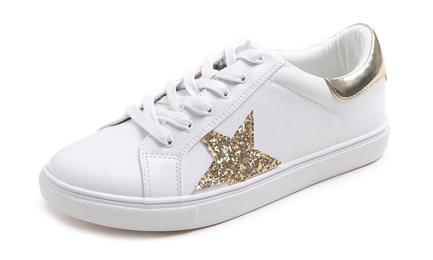 FEVERSOLE Women's Featured PU Leather Colorful Lace Up Sneaker White Glitter Gold Star Size 7.5 M US