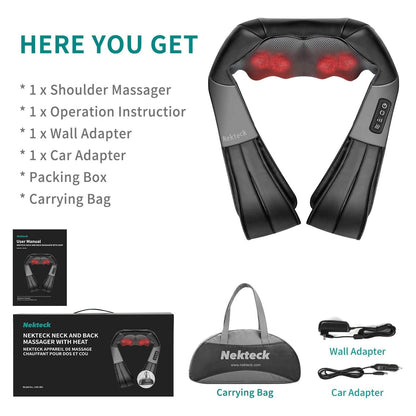 Nekteck Shiatsu Neck and Back Massager with Soothing Heat, Electric Deep Tissue 3D Kneading Massage Pillow for Shoulder, Leg, Body Muscle Pain Relief, Home, Office, and Car Use