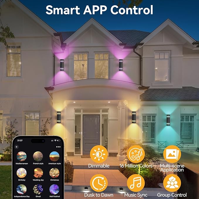 Smart Porch Lights RGBCW Outdoor Wall Lights, Modern Dusk to Dawn Outdoor Light Fixture Color Changing Up and Down Lighting, Waterproof Sconce Compatible with Alexa Google Assistant