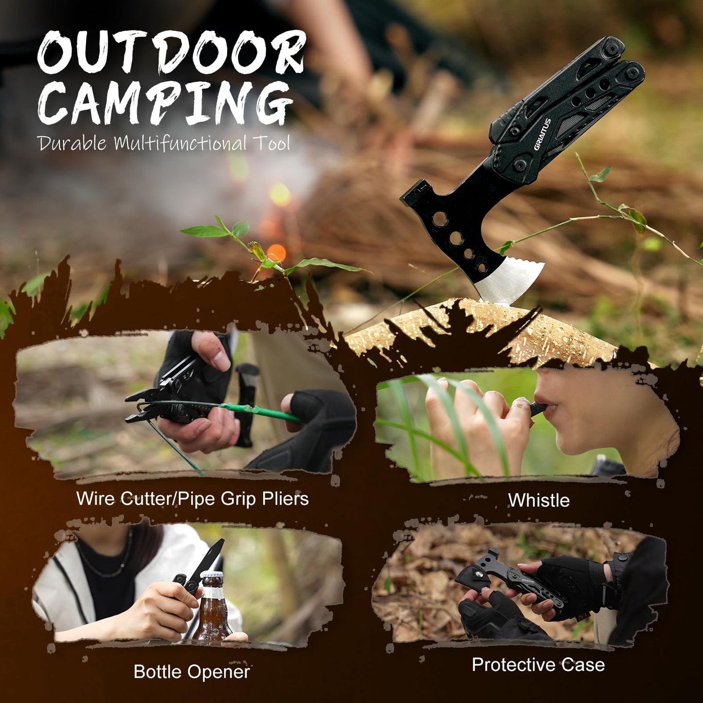 Camping Essentials 16 in 1 Multitool Camping Gear Gifts for Men Dad Multi Tool Survival Gear with Axe Hammer Pliers Saw Screwdrivers Bottle Opener Whistle with Sheath for Hiking Fishing