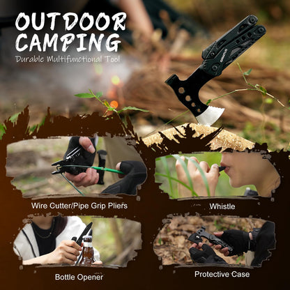 Camping Essentials 16 in 1 Multitool Camping Gear Gifts for Men Dad Multi Tool Survival Gear with Axe Hammer Pliers Saw Screwdrivers Bottle Opener Whistle with Sheath for Hiking Fishing
