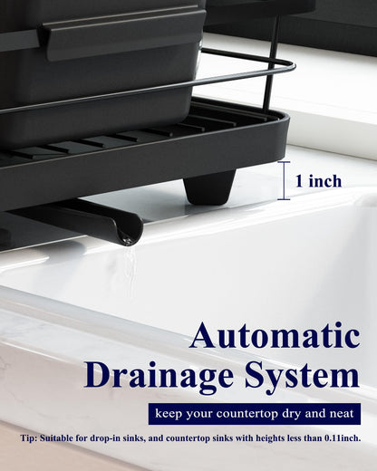 Kitsure Dish Drainer Rack- Space-Saving Dish Drainer, Dish Racks for Kitchen Counter, Stainless Steel Kitchen Drying Rack with a Cutlery Holder, Large, Black