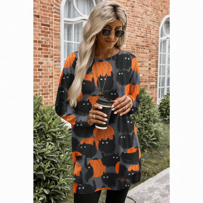 BOUTIKOME Womens Halloween Pumpkin Sweatshirt Black Cat Long Sleeve Crewneck Pullover Shirts with Pocket Tunic Tops (Dark Grey, XX-Large)