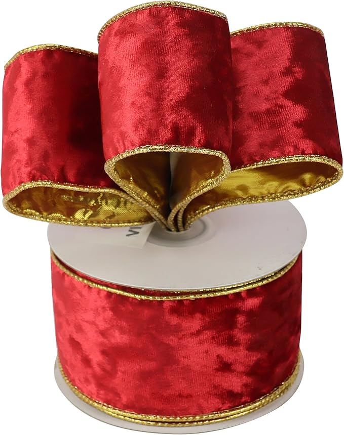 MEEDEE Red Velvet Wired Ribbon 2.5 Inch 10 Yards Double Sided Gold & Red for Christmas Tree, Wreath & Crafts