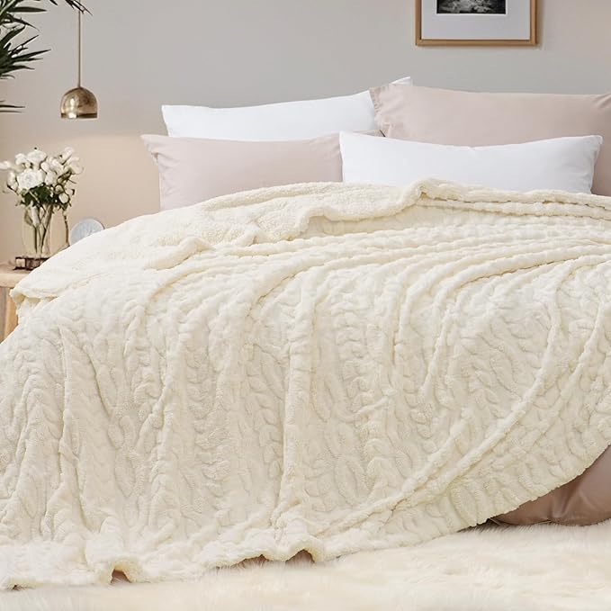 PHF Fluffy Sherpa Blanket Twin Size for Winter, Warm and Soft, 510GSM 3D Jacquard Thick Shaggy Fleece Plush Blanket for Sofa Bed, Cream, 60"x80"