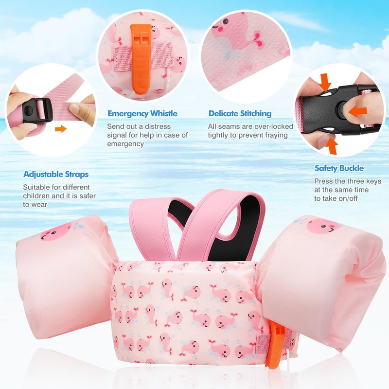 MoKo Swim Arm Band for Kids 20-30-40-50lbs, Toddler Swim Vest Cute Cartoon Swimming Wings Pool Floats Sleeve Children Water Sports Learning Swim Training Equipment, Pink Whale