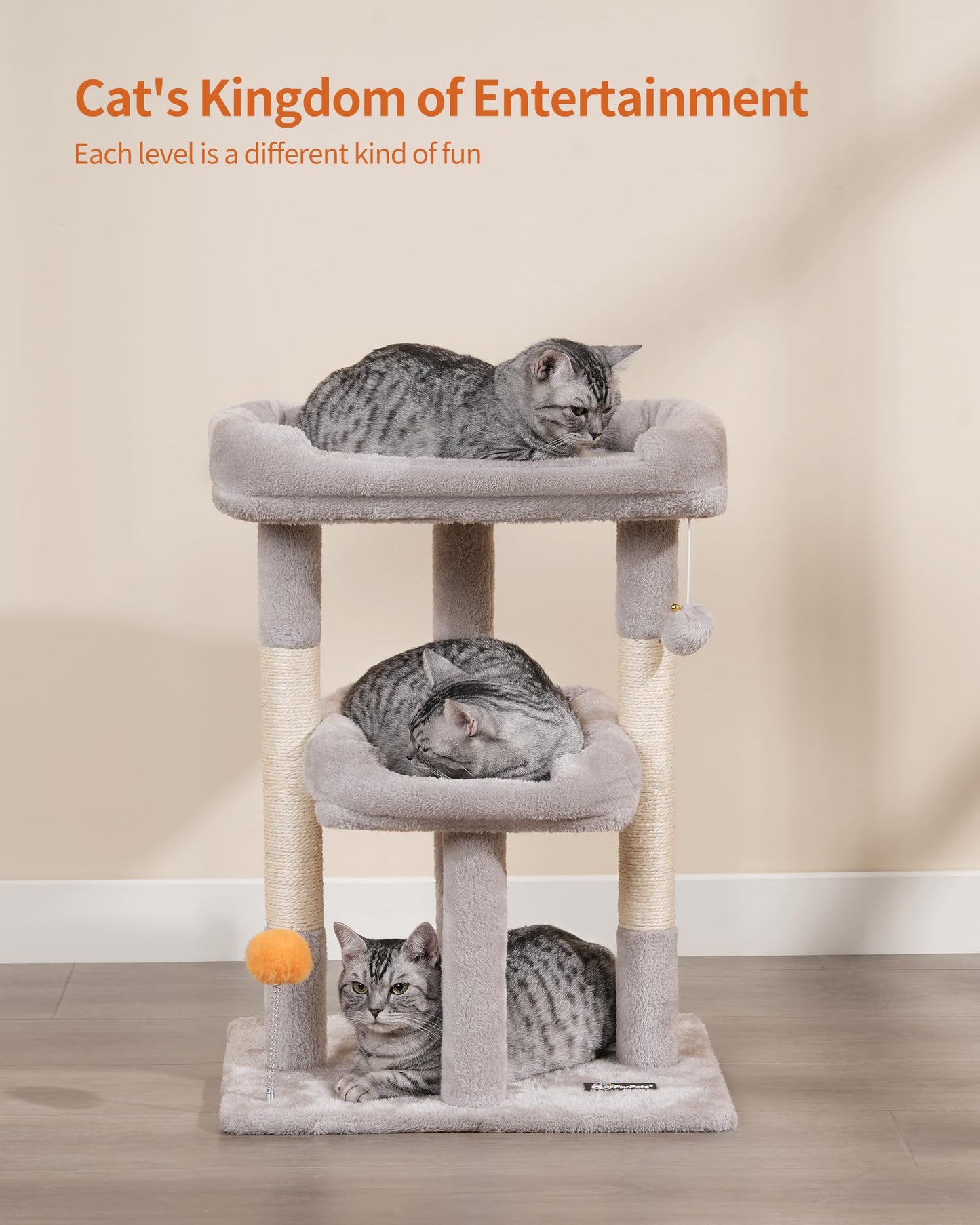 FourFurPets Small Cat Tree, Multi-Level Cat Tree for Indoor Cats, Cat Tower with Scratching Post, Cat Condo for Kittens,Toy Balls, 2 Soft Platform, Light Gray