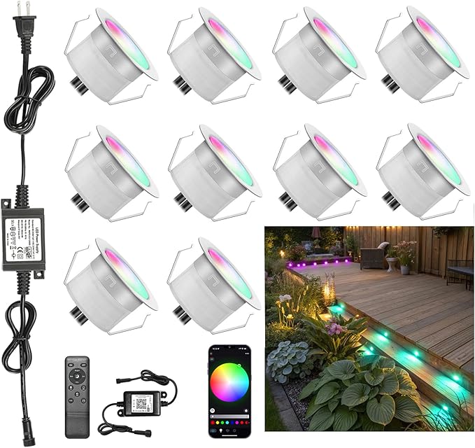 Smart LED Deck Light Kits - 10 Pack of 1.22" Low Voltage Recessed RGB Steps Lights, IP67 Waterproof Outdoor Landscape Lighting for Deck, Floors & Pathways, Compatible with Alexa & Google Assistant