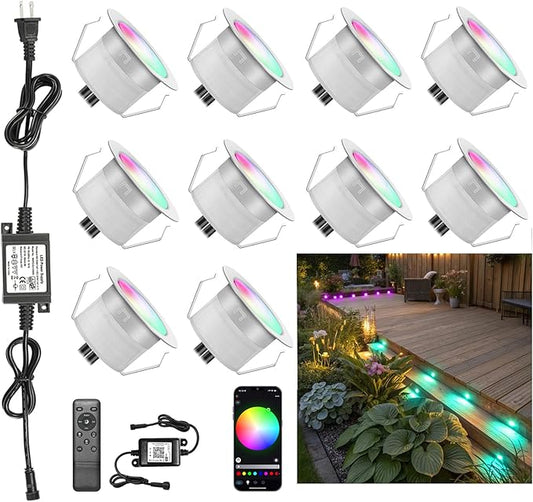Smart LED Deck Light Kits - 10 Pack of 1.22" Low Voltage Recessed RGB Steps Lights, IP67 Waterproof Outdoor Landscape Lighting for Deck, Floors & Pathways, Compatible with Alexa & Google Assistant
