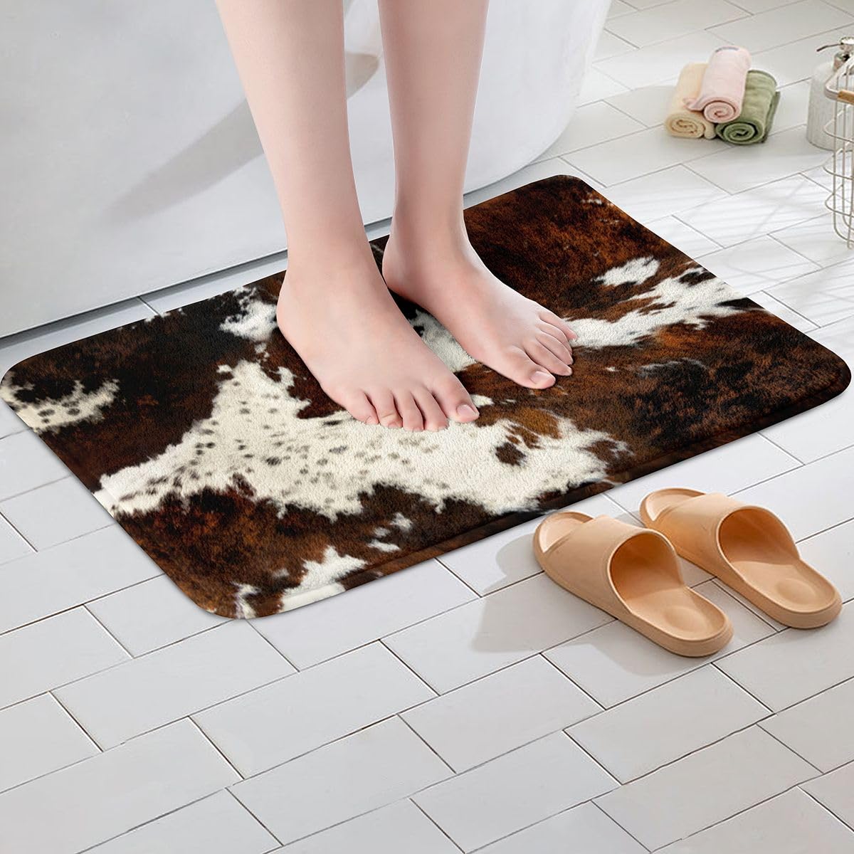 Erosebridal Black Brown Cowhide Bath Rugs,Milk Cow Print Bath Mat 20"x32",Rustic Farm Animal Fur Bathroom Rugs,Cattle Wild Animals Skin Doormats Boho Aztec Bathroom Decor Cowboys Gifts for Boys Girls