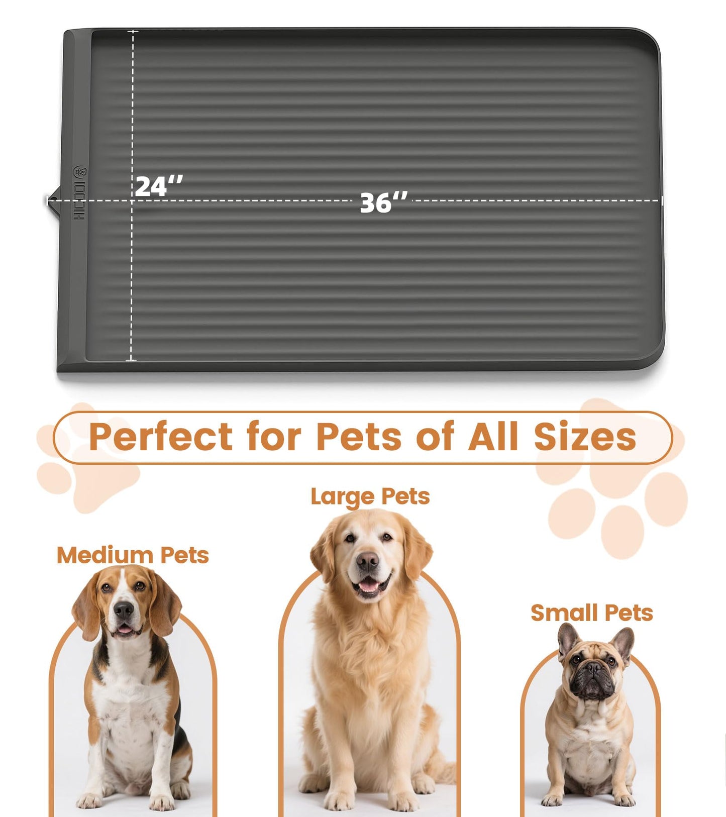 Dog Food Mat 36"x24", Waterproof Pet Feeding Mat with Diversion Grooves and Raised Edges, Large Non-Slip Dog Bowl Mat for Food and Water, Cat Food Mat for Floors, Easy to Clean, Grey