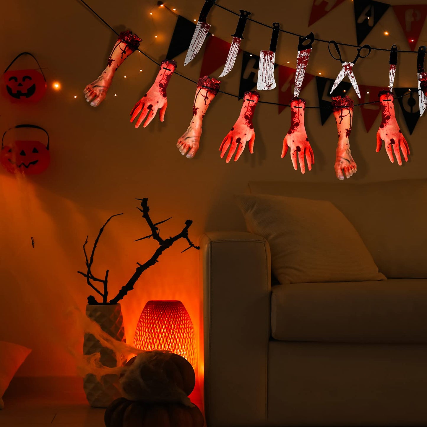 6 Sets Halloween Bloody Garland Banner, Include 48 Garland and 16 Fake Scary Broken Hands and Feet Hanging Decor, Halloween Party Decoration Scary Banner Supplies