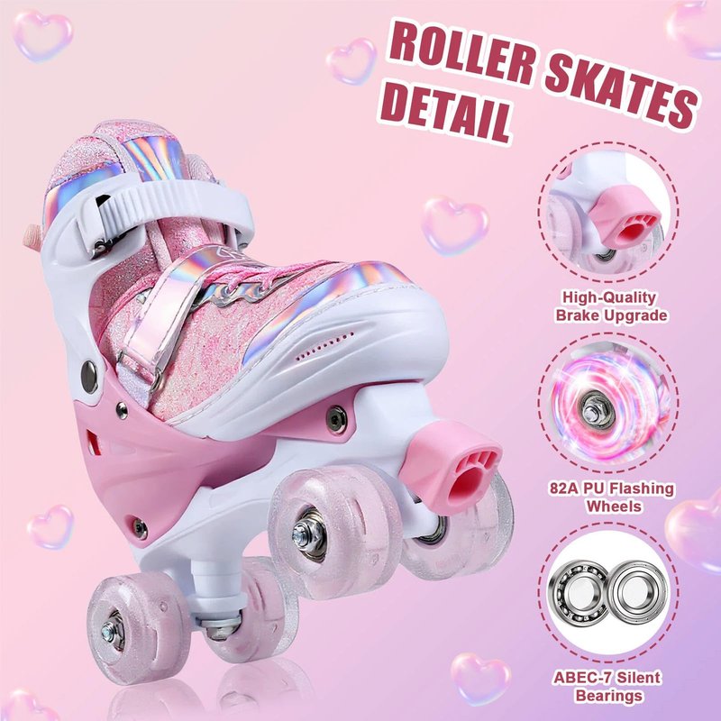 HUANOVIX 4 Sizes Adjustable Kids Roller Skates for Girls Boys Toddlers Youth Teens, 4‑Wheel Quad Skates with All Light Up Wheels, for Indoor Outdoor Sports