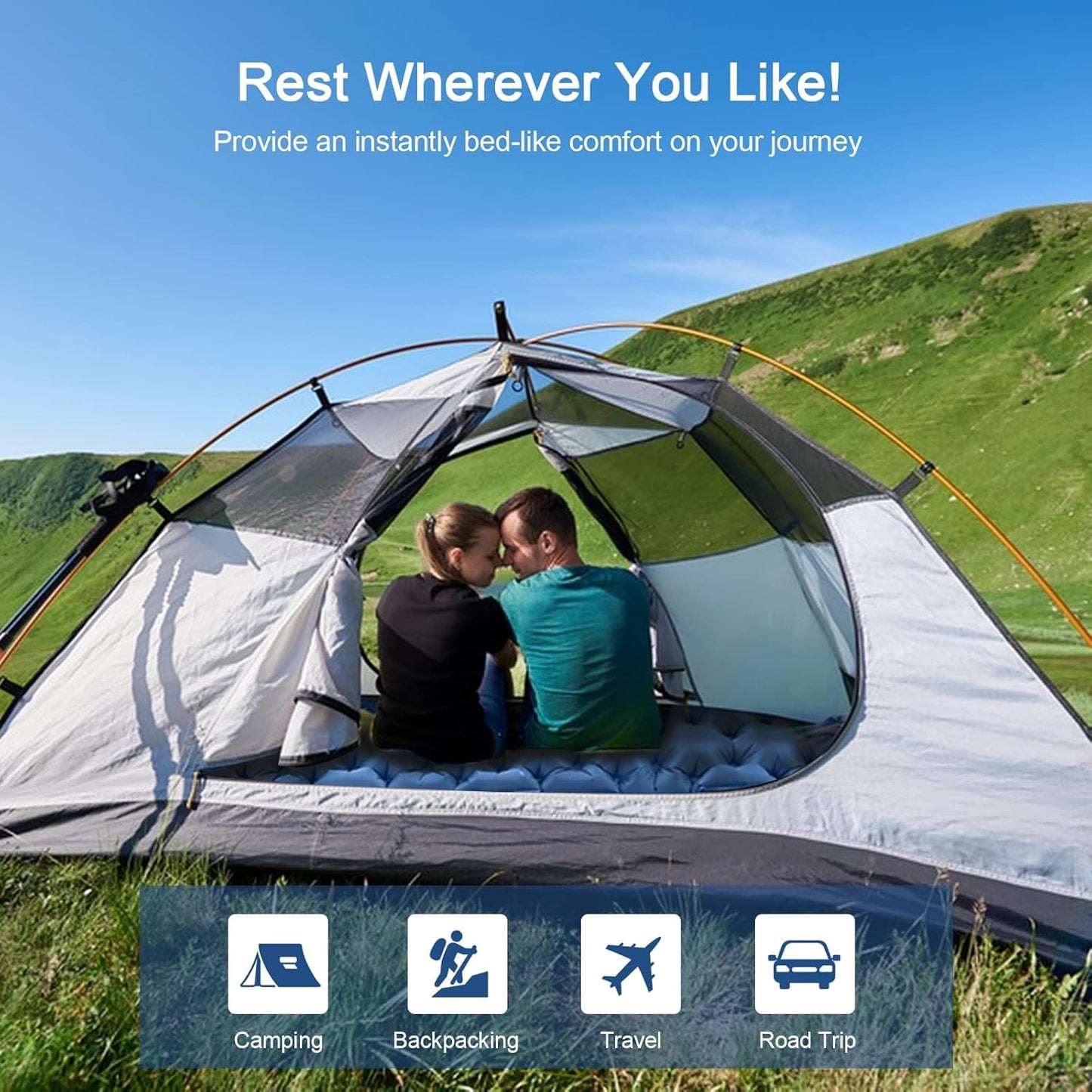 HiiPeak Sleeping Pad for Camping- Ultralight Inflatable Sleeping Mat with Built-in Foot Pump, Upgraded Durable Compact Camping Air Mattress for Tent, Backpacking, Hiking (New Blue Double)