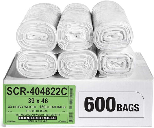 Aluf Plastics 45 Gallon 22 Micron Premium Clear Trash Bags