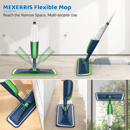 Spray Mops Microfiber Floor for Cleaning -MEXERRIS Wet Dust Mop with 2 Refillable Bottle and 5 Pads Hardwood Laminate Vinyl Ceramic Floors Cleaning, Green