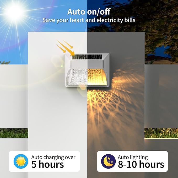 Solar Powered Fence Deck Lights Outdoor Waterproof Led IP65 RGB Color Changing/Warm White Auto On/Off Solar Step Lights for Outside Stair Garden Yard Wall Patio (6 Pack, White)
