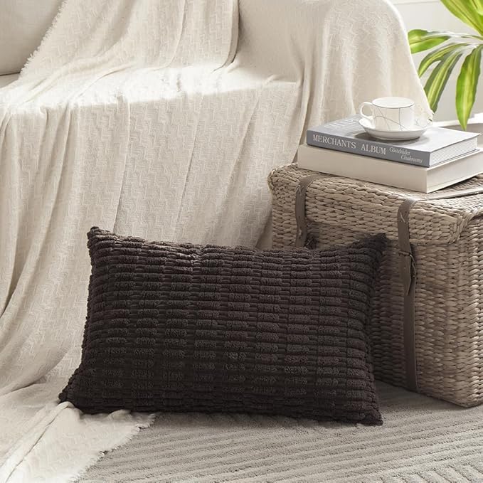 Fancy Homi Dark Brown Lumbar Decorative Throw Pillow Covers 12x20 Inch for Living Room Couch Bed Sofa, Rustic Farmhouse Boho Home Decor, Soft Striped Corduroy Rectangle Cushion Case 30x50 cm