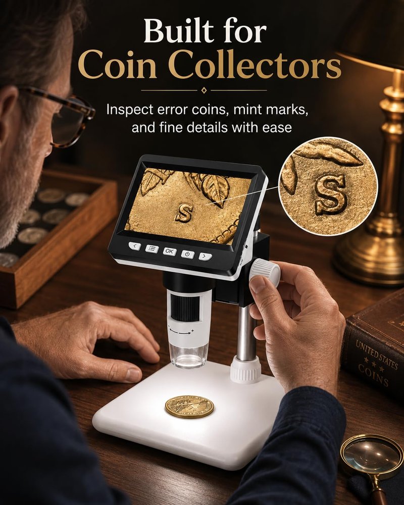 Digital Coin Microscope 1000X, 4.3" LCD Coin Magnifier with Screen for Error Coins, 1080P USB Microscope with 8 Adjustable LED Lights, Photo & Video, Built-in Storage, Compatible with Windows/MacOS