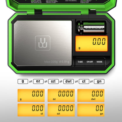 UNIWEIGH Digital Pocket Scale 200g/0.01g, Digital Gram Scales, Mini Food Scale with 50g Calibration Weight for Food,Powder,Tea,Jewelry,Coins,small items scale (Battery Included)-Fluorescent Green