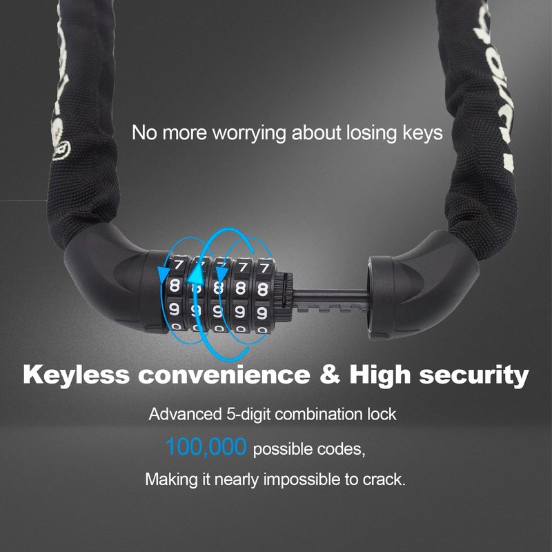 Monotre 5-Digit Resettable Combination Heavy Duty Anti-Theft Bike Chain Lock, 3.9ft Long Keyless Security Bike Lock for Bicycles, Scooters, Motorcycles, Doors, Fences