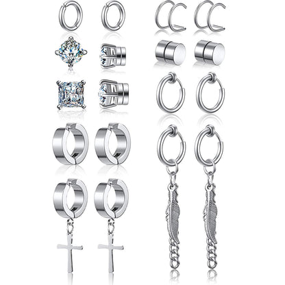 Hicarer 9 Pairs Magnetic Stud Earrings Non Pierced Silver Stainless Steel Feather Dangle Earrings for Women and Men, stainless steel, cubic zirconia